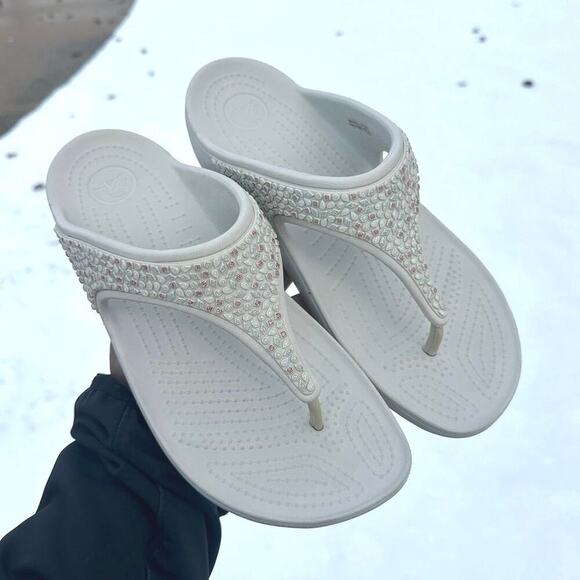 Crocs Sloane Women’s Embellished Flip Flops‎ Size 11 White - Picture 5 of 9